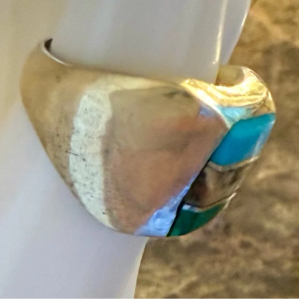 Sterling Inlay Ring with Turquoise, Green Malachite & Brown Matrix, Sz 6 1/2